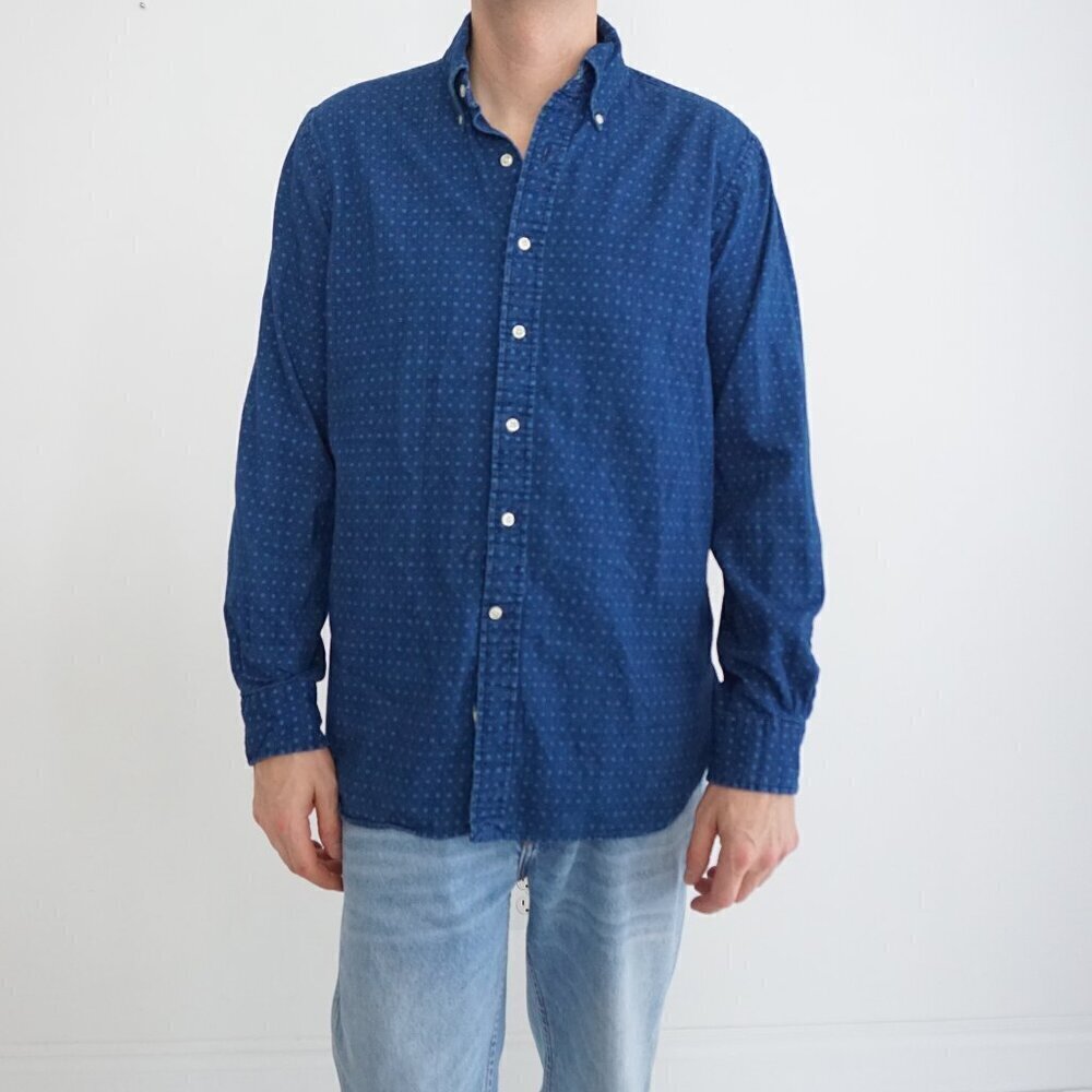 Ralph Lauren Blue Indigo Oxford Geometric Squares button Down Dress Shirt Medium